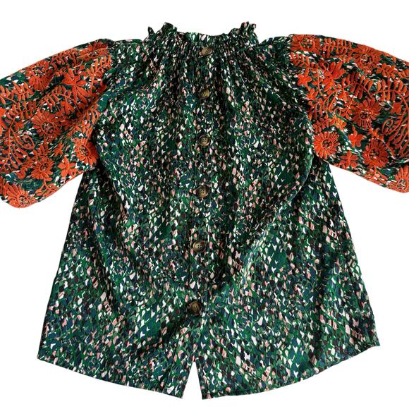 THML Say It All Green Floral Blouse Orange Embroidered Puff Sleeves Size XS - Picture 9 of 10